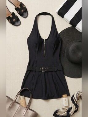 Shape FX Swim Black One Piece Belted Skirted Halter Top Swimsuit